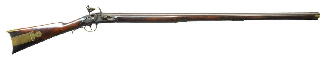 FINE NEW ENGLAND STYLE FLINTLOCK RIFLE, MOST: LIKELY BY RUFUS PERKINS OF BRIDGEWATER, MA. Cal. 52. NSN. The 39" tapered rnd. bbl. is fitted w/ "U" notch rear & brass front sights dovetailed through. Left rear of bbl. is stamped "P", "M", "RP" (Ru