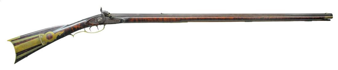 FULL STOCK PENNSYLVANIA PERCUSSION RIFLE BY I. L.: BECK. Cal. 38. NSN. The 36 5/8" slim octagon bbl. is fitted w/ U-notch rear & brass blade front sights. Top flat stamped "I. L. Beck" w/ 2 stars at each end (Isaac L. Beck working 1835-40 in Mifflinbu