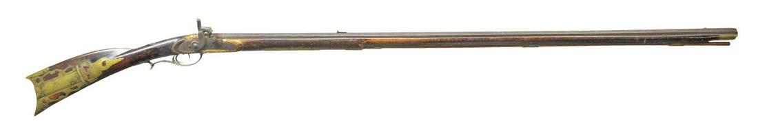 BEAVER TOWNSHIP GUNSMITH MOSES SPECHT PERCUSSION: RIFLE. Cal. 45 smooth. NSN. Bbl. 43" full oct. signed "M. SPECHT". The percussion lock is marked "WARRANTED" & the 4 piece brass patchbox has 9 piercings. The rifle has a curly maple stock & a 4 1/2" 