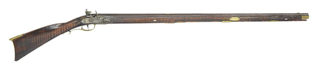 FLINTLOCK RIFLE MADE BY JOHN FORD IN HARRISBURG,: PA. Cal. 60 smooth bore. NSN. Bbl. 34 1/2" oct. to rnd., stamped â€œJ. FORD”. Overall length 49 1/2". Curly maple, lg. bore rifle w/ a flintlock stamped â€œJ. FORD”. Bbl. is wedged