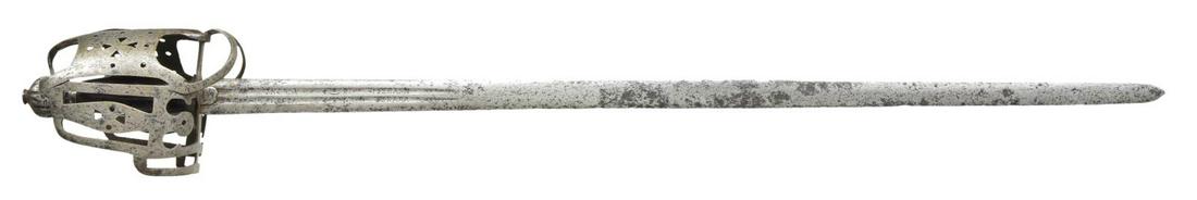 SCOTTISH BASKET HILT BROADSWORD.: Overall length: 38". Blade length: 32 3/4". An early example featuring a blade w/ 8" long dbl. fuller w/ â€œANDREA FERRARA XX” stamped in both fullers on both sides. Attractive forged basket