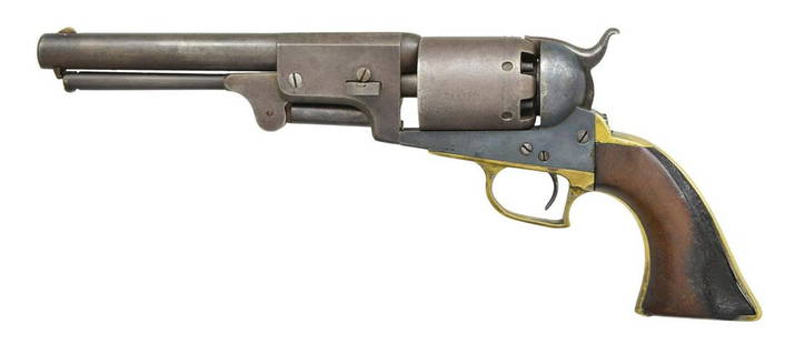 COLT 1ST MODEL DRAGOON REVOLVER.: Cal. 44. S# 3479. Bbl. 7 1/2" rnd. in standard configuration w/ oct. lug, originally blue & case colors, silver plated brass grip frame w/ square back triggerguard, 1-line New York address, cyl. has