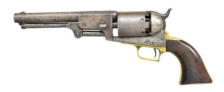 2ND MODEL MARTIAL COLT DRAGOON REVOLVER.: Cal. 44. S# 10514. Bbl. 7 1/2" rnd. in standard configuration w/ oct. lug, 1-line New York address, German silver blade front sight, left side of frame stamped â€œCOLTSâ€™ PATENT” over