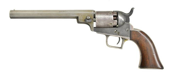 SCARCE COLT MODEL 1848 BABY DRAGOON PERCUSSION: REVOLVER. Cal. 31. S# 8610. Bbl. 6" oct. Brass pin front sight, 2-line New York City address w/ dashes, made w/ out loading assembly unique to this model. Left side of frame has sm. â€œCOLTS