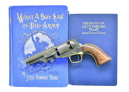 INSCRIBED COLT MODEL 1849 POCKET REVOLVER, JESSE: BOWMAN YOUNG GETTYSBURG AUTHOR. Cal. 31. S# 191090. Bbl. 4". Standard configuration model 1849 w/ 4" bbl. one line New York address. Inscribed on backstrap "To J. B. Young From His Friends". This