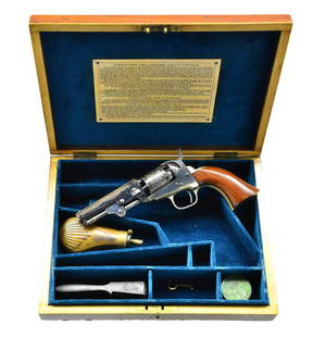 CASED COLT 1849 POCKET MODEL REVOLVER.: Cal. 31. S# 189312. Bbl. 4" oct. w/ brass cone front sight & New York address. 5 Shot rnd. cyl. w/ stagecoach scene roll engraving. Blue finished bbl. & cyl. w/ case colored frame & loading lever