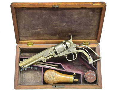 CIVIL WAR CASED FACTORY ENGRAVED COLT MODEL 1849: REVOLVER. Cal. 31. S# 266837 E. Bbl. 5". Mfg. 1864. Factory scroll engraved in about 50% coverage, left bbl. housing scrolls terminate in eagleâ€™s head. Silver plated as is â€œColtâ€™s