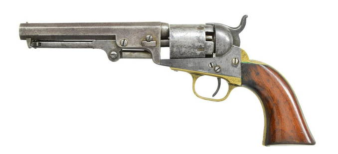 COLT INSCRIBED 1849 POCKET MODEL REVOLVER.: Cal. 31. S# 108656. Bbl. 5" octagon w/ 2 line New York address & bead sight. Five shot rnd. cyl. w/ stagecoach holdup scene rolled engraving. Blue & case colored finish w/ silver finished brass