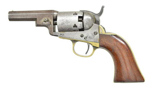 SCARCE COLT WELLS FARGO MODEL 1849 POCKET: REVOLVER. Cal. 31. S# 122905. Bbl. 3" w/ out loading assembly, brass pin front sight, 2-line New York address, 5 shot cyl. w/ stagecoach holdup scene, left side of frame marked "Colts Patent". Brass