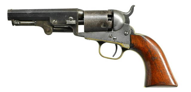 COLT MODEL 1849 POCKET REVOLVER W/ 4" BBL.: Cal. 31. S# 109376. The 4" octagon bbl. is marked "ADDRESS" "SAMl COLT" "NEW YORK CITY". Frame is marked "COLT'S PATENT" on left side. Five shot cyl. has rolled on stagecoach scene & matching S#. Sm.