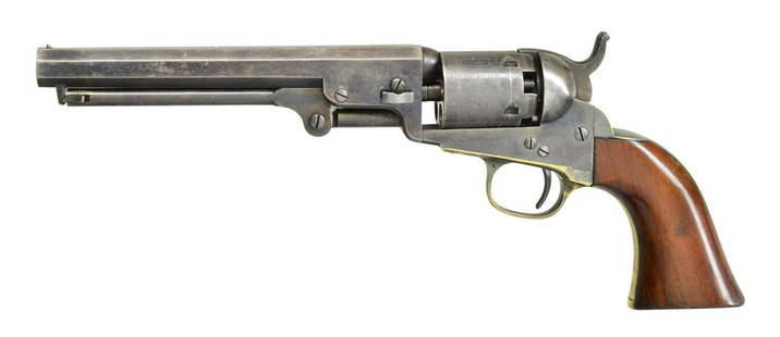 COLT 1849 POCKET MODEL REVOLVER.: Cal. 31. S# 141332. Bbl. 6" oct. w/ sm. brass cone style front sight & New York address. Five shot rnd. cyl. w/ stage coach scene roll engraving. Blue finish w/ case colored action having silver