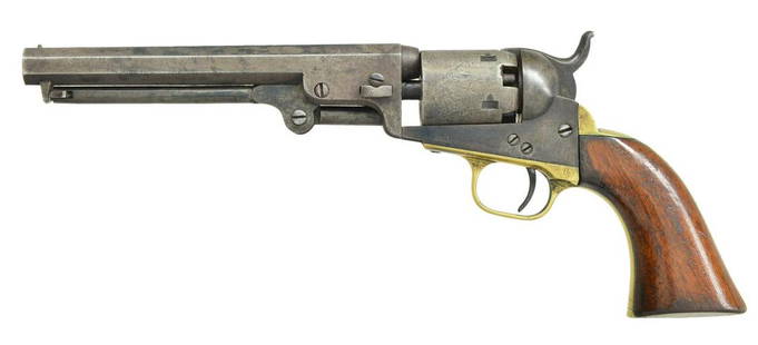 COLT 1849 POCKET REVOLVER.: Cal. 31. S# 92251. Bbl. 6" oct. w/ brass cone front sight & 2 line New York address. Five shot rnd. cyl. w/ stage coach holdup scene roll engraving. Blue & case colored finish w/ silver finish brass