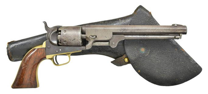 COLT HARTFORD NAVY REVOLVER & HOLSTER, 2: CARTRIDGES & CONFEDERATE CURRENCY DESCENDED IN PORTLAND FAMILY. Cal. 36. SN 78243. Standard configuration 3rd model Colt navy, sm. trigger guard, 1-line Hartford address, made 1857 accompanied by