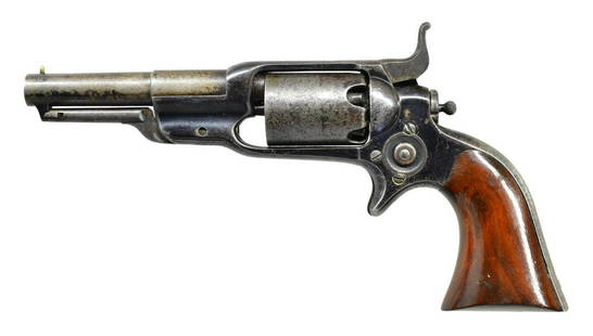 FINE & SCARCE 7TH TYPE COLT MODEL 1855 SIDEHAMMER: REVOLVER. Cal. 31. S# 13715. Bbl. 3 1/2" rnd. This is a scarce 7th variation of Colt Model 1855 Root revolver made in 1869. Bbl. w/ 2 line address. Stagecoach holdup scene on cyl. w/ scarce