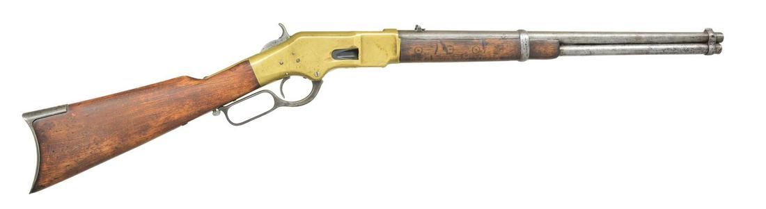 WINCHESTER 1866 FOURTH MODEL SRC.: Cal. 44 HCF. S# 153667. Bbl. 20" rnd. carbine style w/ mag. blade front sight & folding leaf rear sight. Full length mag. Band fastened walnut forearm & straight grip replacement stock w/ crescent ste