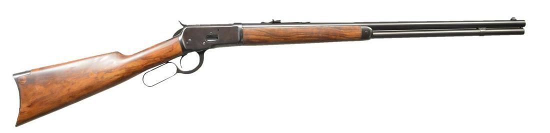 WINCHESTER MODEL 1892 RIFLE.: Cal. 38 WCF. S# 833647. Standard rifle w/ full mag. & 24 1/4" bbl. has factory markings on top left center, caliber at rear. Winchester proofs are on top of bbl. & action. Typical action has S# on bot