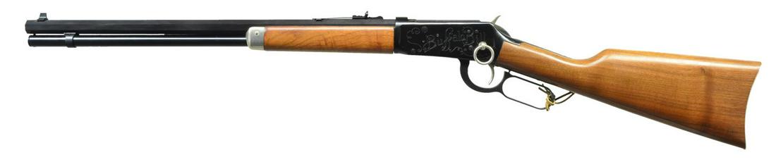 WINCHESTER 94 BUFFALO BILL LEVER ACTION CARBINE.: Cal. 30-30. S# WC72382. Bbl. 20" octagon w/ inscription "Buffalo Bill Commemorative" on right flat. Action has scroll ornamentation w/ "Buffalo Bill" on left side & "W. F. Cody Chief of Scouts" on top
