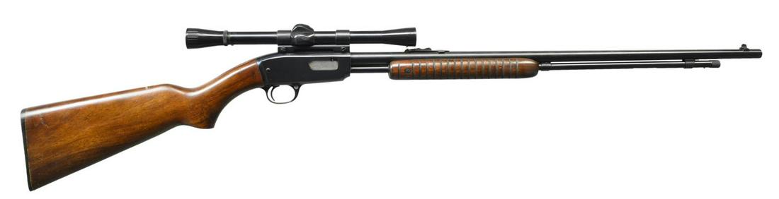 WINCHESTER 61 MAGNUM PUMP RIFLE.: Cal. 22 Win Mag. S# 299489. Bbl. 24" rnd. w/ sporting sights. Tubular mag. Grooved receiver w/ Weaver C6 scope on tip off mts. Flat bottom grooved slide handle & pistol grip walnut stock w/ original b