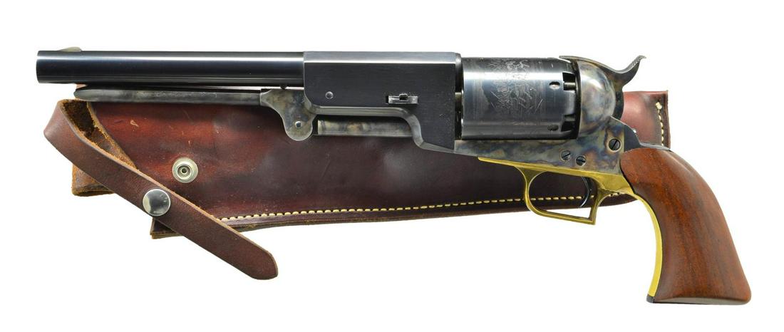 COLT FIREARMS CO. SECOND GEN WALKER REVOLVER.: Cal. 44. S# 2338. Bbl. 9" rnd. w/ oct. shank. Top flat marked "ADDRESS. SAMl COLT NEW -YORK CITY". Right flat marked "US / 1847". Six shot rnd. cyl. w/ Texas Ranger scene in roll engraving. Blue finis