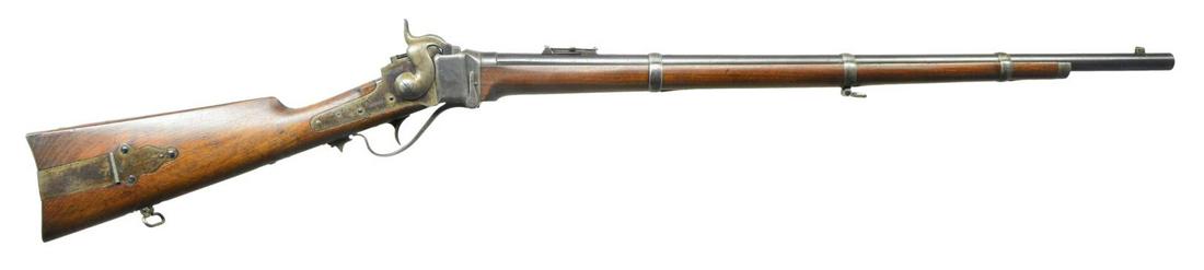 SHARPS NEW MODEL 1863 MILITARY RIFLE.: Cal. 52. S# C, 37558. Bbl. 30" rnd. w/ pinned blade front sight & Lawrence patent graduated leaf rear sight. Adapted for socket type bayonet. Case colored action w/ Lawrence priming mechanism on lockp