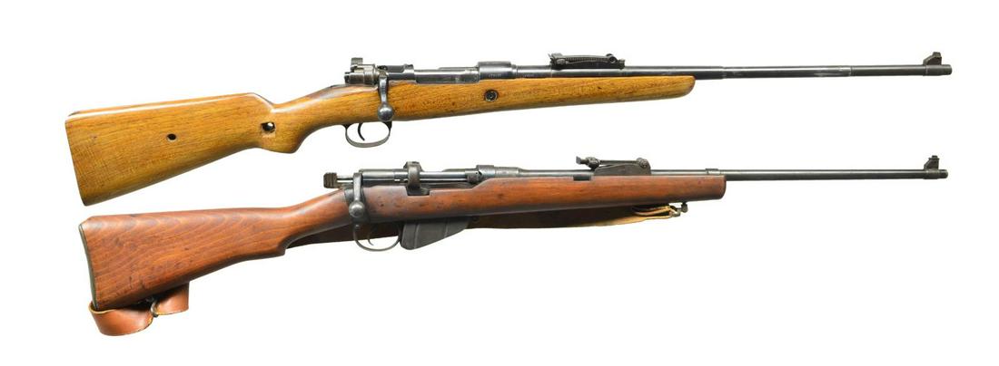 2 SPORTERIZED BOLT ACTION MILITARY RIFLES.: 1) YUGOSLAVIAN MODEL 24. Cal. 7.92x57mm (8mm Mauser). S# 177037. Bbl. 23.25" w/ blade front sight & 2,000m tangent rear sight. Bolt handle has been altered to turned down w/ knob being cut & checkered