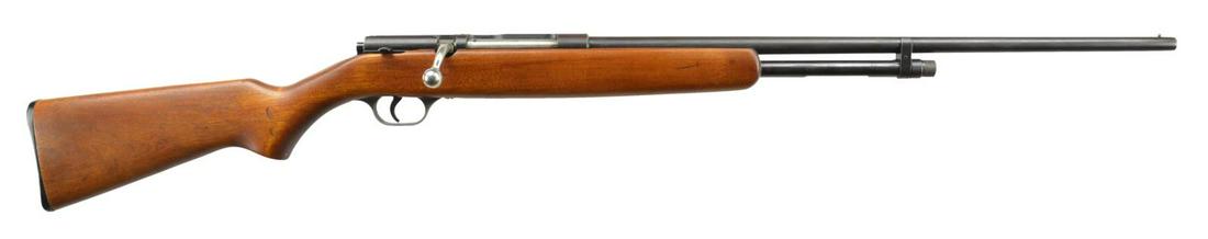 SPRINGFIELD SAVAGE MODEL 39A BOLT ACTION SHOTGUN.: Cal. 410 Bore, 2 1/2" & 3". NSN. Bbl. 24" w/ bead sight. Tubular mag. Blue finished. Walnut stock set w/ buttplate. CONDITION: good overall. Faded blue turning brown w/ peppery oxidation. Stock w/ mod