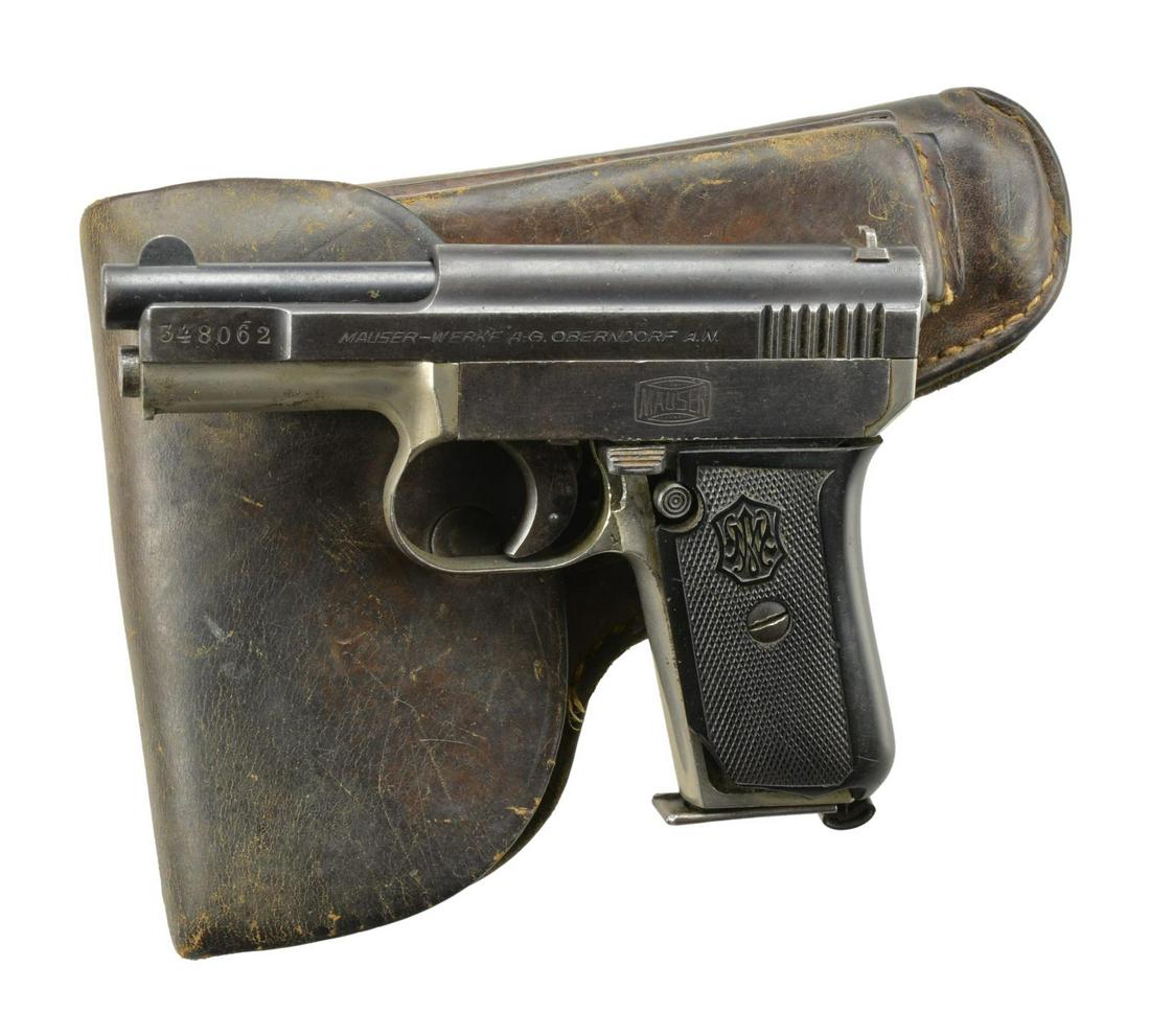 MAUSER MODEL 1910 SEMI-AUTO PISTOL & HOLSTER.: Cal. 6.35mm (25 ACP). S# 348062 (1831). Bbl. 3" matching numbered to slide. Mfg. 1910-1934. Checkered hard rubber grip. Frame nickel plated w/ 1831 at rear & "GERMANY" export mark above grip on right;
