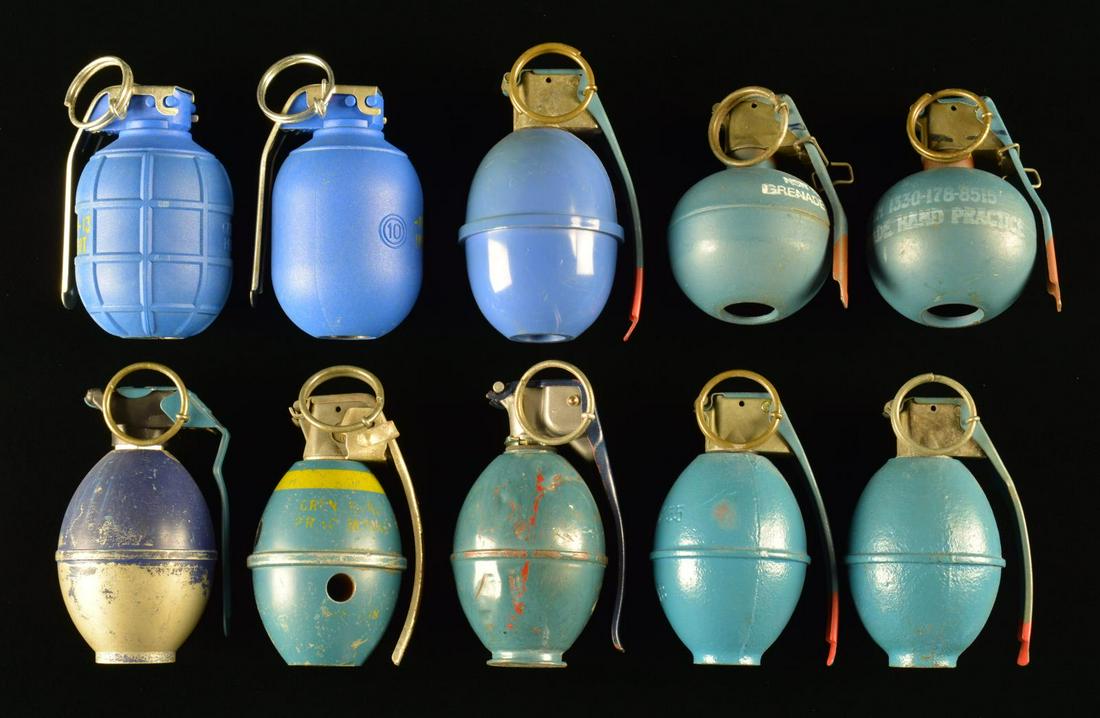 10 INERT BLUE PAINTED PRACTICE GRENADES.: A variety of grenades including: USA: 2 - M69 , 3 - M26 style.UK: 1 - L30A2, 1 - L159A1.BULGARIAN: 1 - GHO-1P, 1 - GHD-2P.SOUTH AFRICA: 1 M26 style. CONDITION: good to very good overall w/ 3 having no