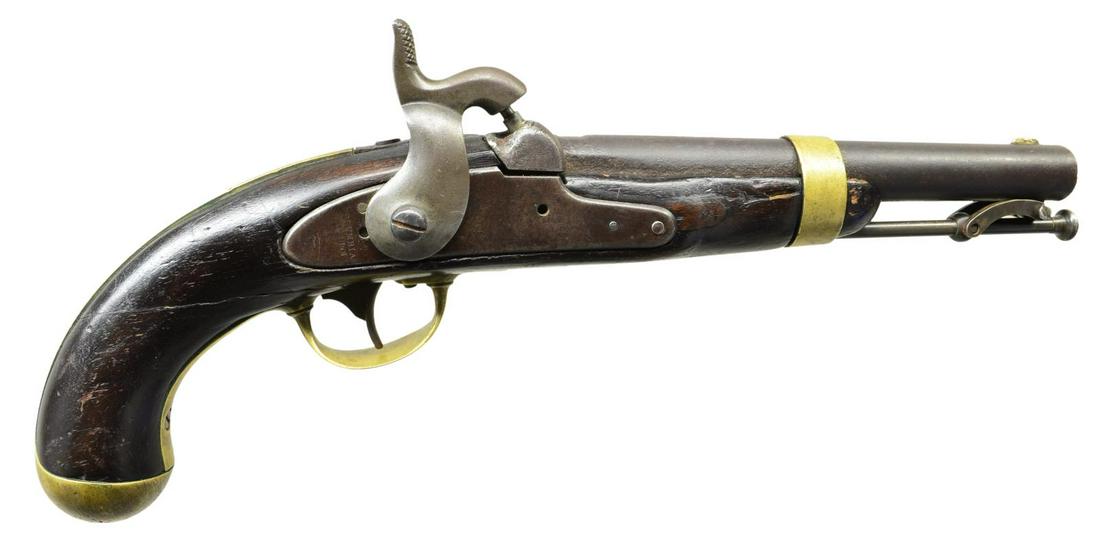 SECONDARY CONFEDERATE PALMETTO PISTOL.: Cal. .54. NSN. Correct & authentic markings on lock â€œPALMETTO ARMORY” in circle around palmetto tree are weak, â€œCOLUMBIA / SC 1852” at tail are good. No discernible markings on