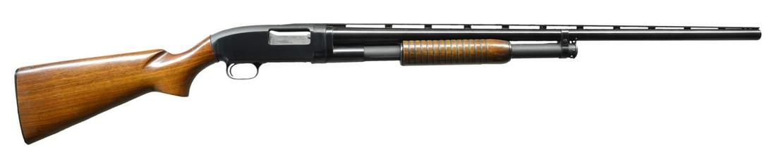WINCHESTER SIMMONS VR MODEL 12 PUMP SHOTGUN.: Cal. 12 ga., 2 3/4". S# 766048 (1938). Bbl. 30" w/ aftermarket Simmons oval post VR having white beads & full choke. Walnut grooved flat bottom forearm & pistol grip stock. LOP: 14" to Win. buttplate.