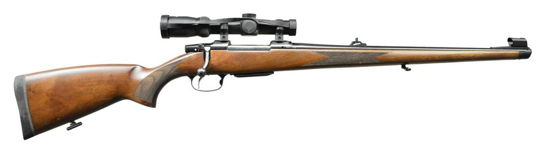 CZ 550 FS MANNLICHER BOLT ACTION RIFLE.: Cal. 308 Win (1:12 twist). S# B479147 (2014). Bbl. 20.5" w/ hooded ramp bead front sight & Williams style rear sight. Nikko Stirling Diamond 1-4x24 scope w/ duplex dot reticle on Leupold tip off rings