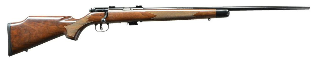 SAVAGE MARK II CLASSIC BOLT ACTION RIFLE.: Cal. 22 LR. S# G667687. Bbl. 24" w/out sights. Receiver has 2 piece Weaver "K12" bases. Accu-trigger. Walnut checkered pistol grip Monte Carlo stock w/ black forearm tip, sling studs & black recoil pa