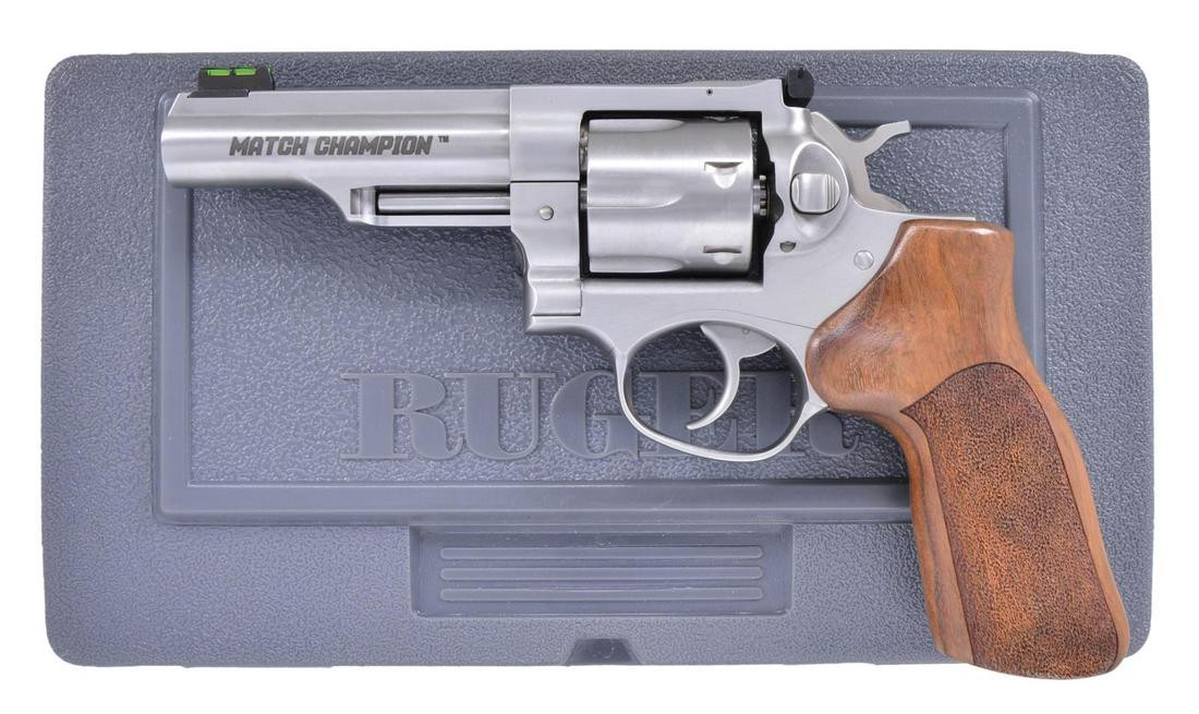 RUGER GP100 MATCH CHAMPION STAINLESS 10mm AUTO: REVOLVER. Cal. 10mm Auto. S# 178-96829Bbl. Bbl. 4 1/4" having grooved rib w/ push button user changeable green fiber optic front sigh plus fame mounted white outline adjustable rear. Can be used w/ ou