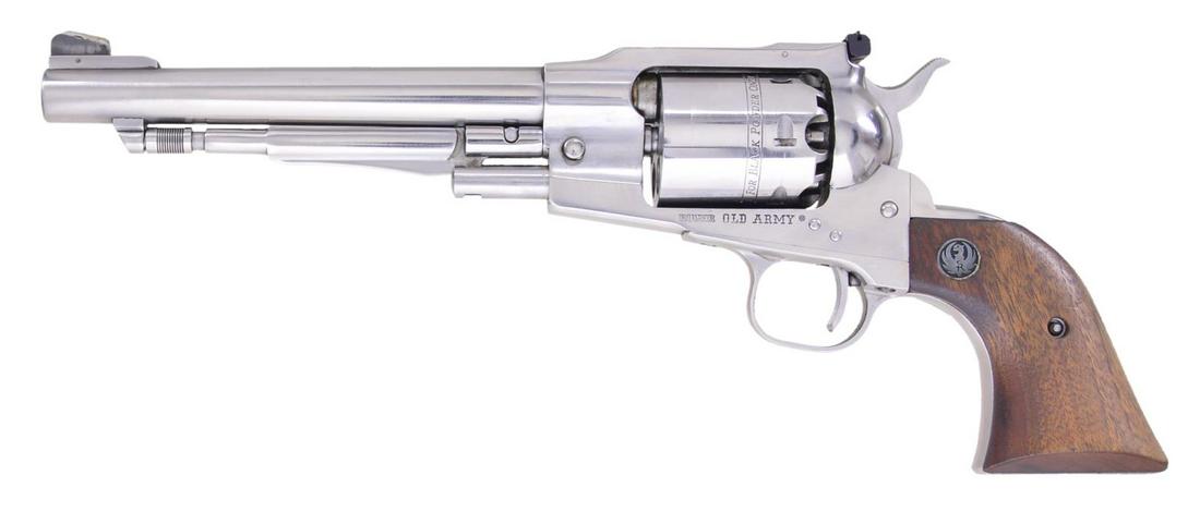 RUGER STAINLESS OLD ARMY REVOLVER & HOLSTER RIG.: Cal. S# 145-15668. Bbl. Mfg.1978 (1975-1981 for this model; 1972-2009 for all variations) w/ blued blade front sight plus blued frame mounted adj. rear; "warning" marks on bbl. Desirable stainless mod