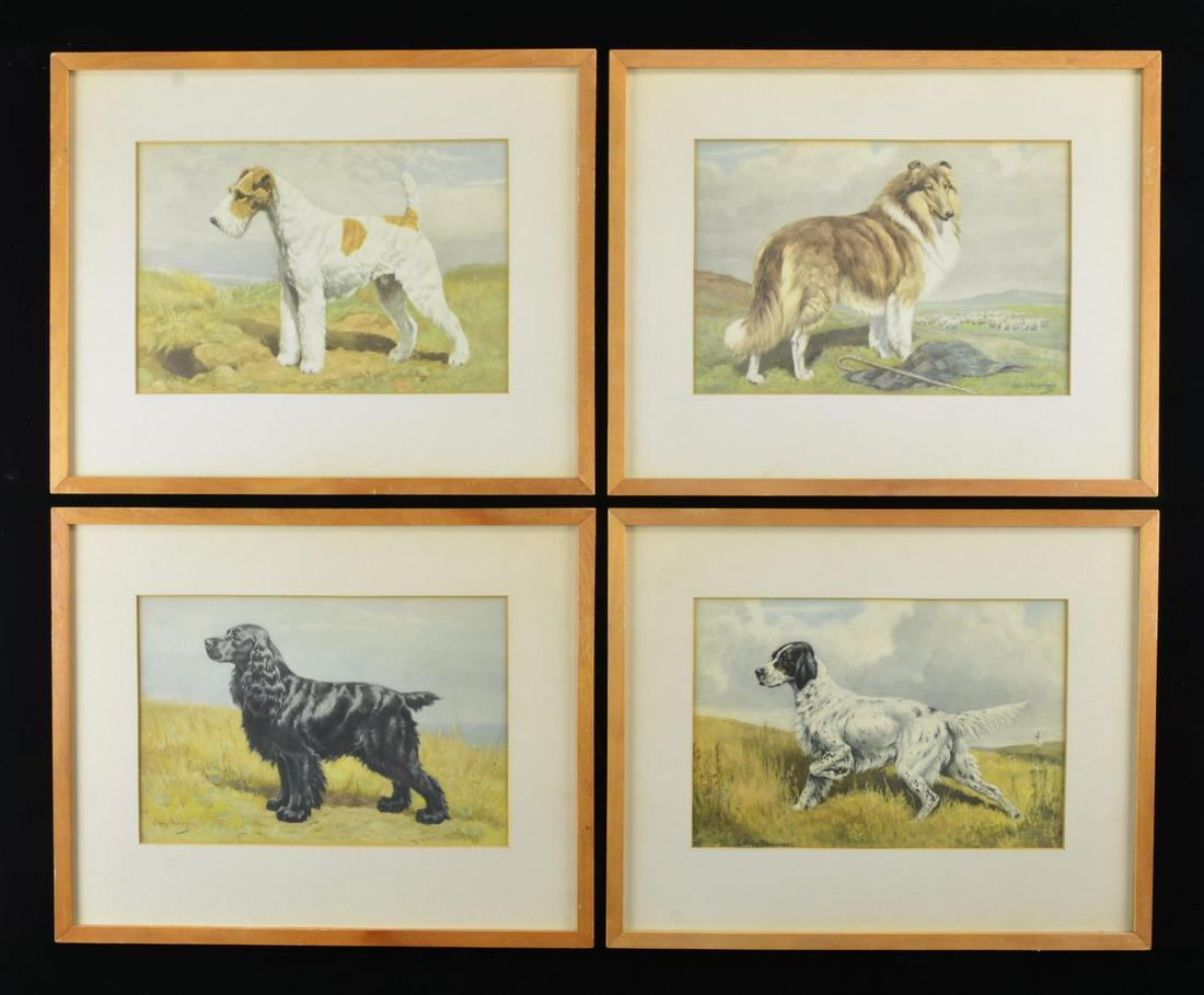 9 FRAMED HUNTING DOG IMAGES.: 1) 5 different framed dog prints in approx. 14" x 17" frames having matting yielding 11-1/2" x 8" images. Prints by Edwin Megargee. 2) 2 octagonal frames measuring 14" across flats having 9-1/2" circu