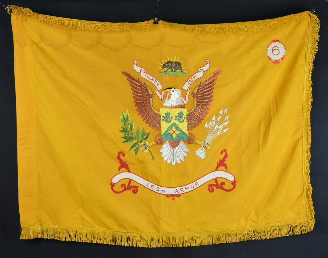 185TH ARMOR REGIMENT FLAG.: 3â€™ x 4â€™ embroidered on gold/yellow field, 185th was created July 1, 1959 and part of CA National Guard garrisoned in Modesto. Their motto â€œFULMEN JACIO” on ribbon held by eag