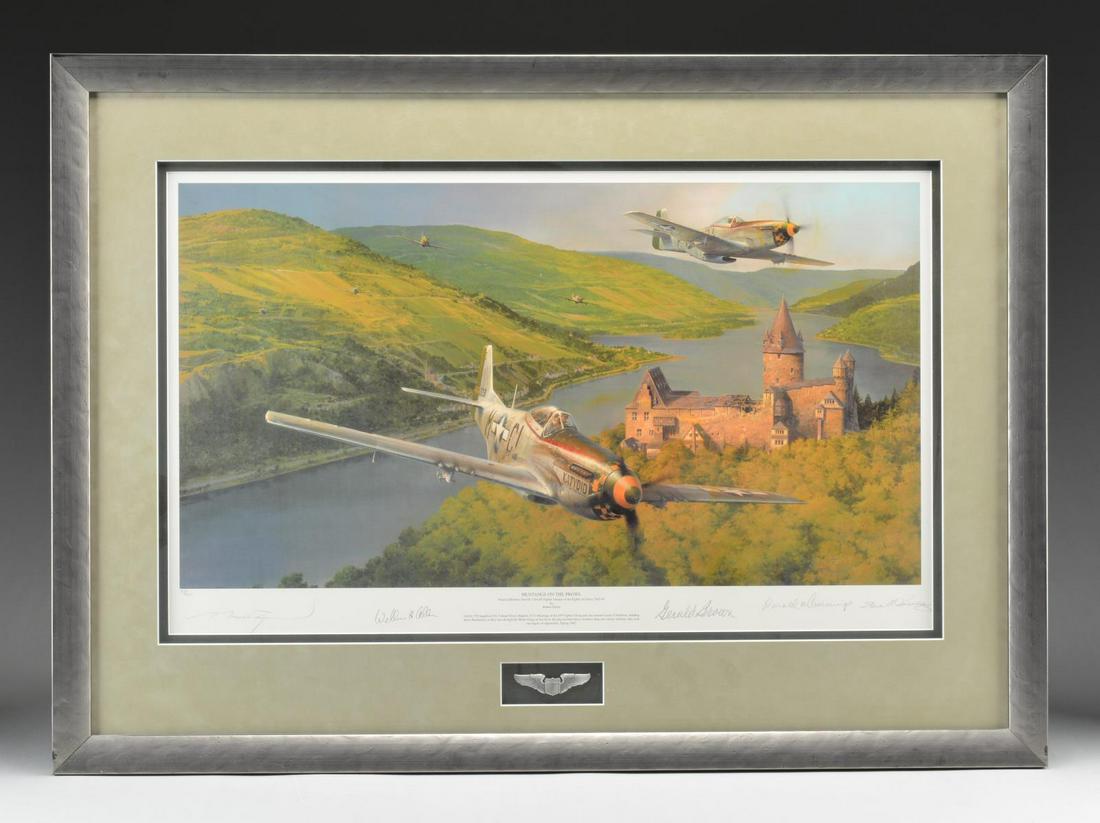 "MUSTANGS ON THE PROWL" WW2 FRAMED PRINT.: This is a framed print of six P51 Mustang fighters over the Castle of Stableck after escorting a bombing run. The painting was done by Robert Taylor. The caption states the Mustangs are from the 55th