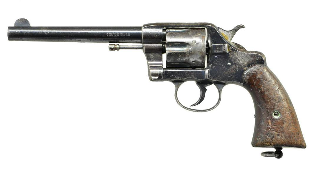 COLT NEW ARMY & NAVY REVOLVER USN VARIATION W/: BRITISH PROOFS. Cal. 38 Colt. S# 2728. Bbl. 6" with '84, '88, & '95 patent markings & British proofed under ejection rod. Butt marked "USN / ANCHOR/ 38 DA/ P/ W.W.K. / 1889". Unmarked 2 piece walnut g