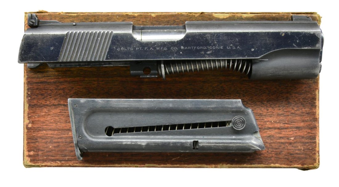 COLT ACE CONVERSION UNIT.: Cal. 22 LR. NSN. Bbl. 5” with floating chamber. Slide has raised rib with Patridge front sight blade and Accro adjustable square notch rear sight. Kit includes one 10 rd. mag., recoil spring & r