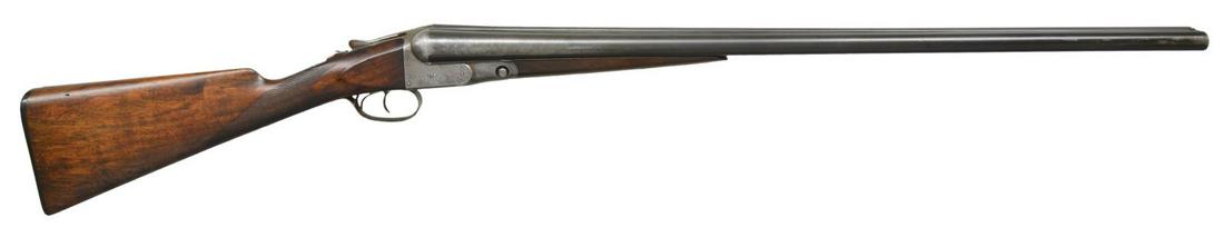 PARKER GH SHOTGUN WITH STRAIGHT GRIP STOCK.: Cal. 12 Ga., 2 3/4". S# 103287. Bbls. 30" Damascus, have Parker name, address & "DAMASCUS STEEL" on concave matted rib. All correct markings are on bbl. flats including frame size "2" on rear lump. Ty