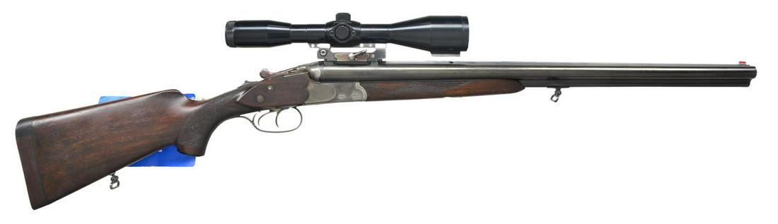 JP SAUER MODEL 20 DRILLING WITH SCOPE & SUB: CALIBER ADAPTER. Cal. 16 Ga., 2 3/4" / 8x57 JR / 22 LR. S# 82071. The 23 5/8" bbl. set is fitted with full length matted rib with popup U-notch rear and red bead front sights. Caliber is marked in mil
