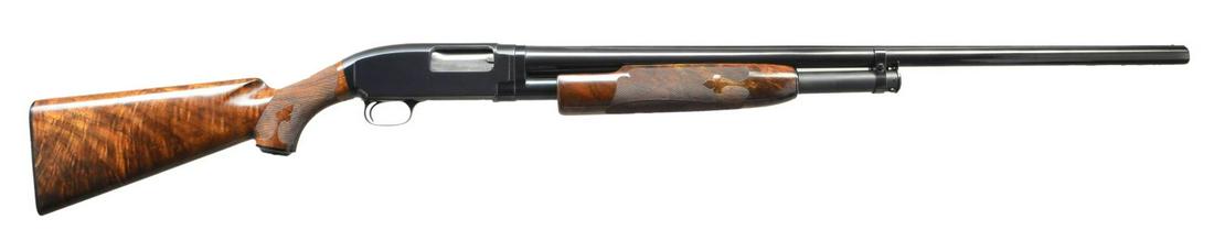 WINCHESTER MODEL 12 HEAVY DUCK PUMP SHOTGUN.: Cal. 12 ga., 3". S# 1683783. Bbl. 30" with solid rib, fixed full choke and brass bead. Custom beavertail forearm and pistol grip stock of fancy walnut with custom hard rubber grip cap. Fancy borderles