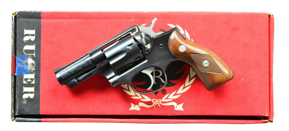 RUGER SPEED-SIX 9MM LUGER REVOLVER.: Cal. 9mm Para (9mm Luger). S# 159-95826. Bbl. 2 3/4" w/ serrated ramp blade sight, grooved rib & protected ejector rod. Mfg. 1984 (1970-1988) but shipped 2011; per references & Ruger website that also