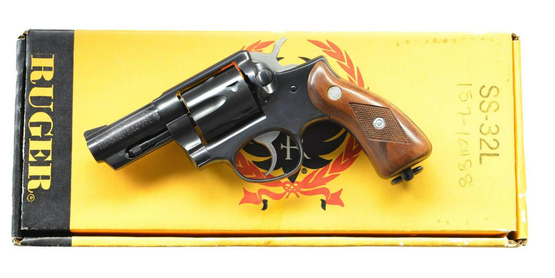 RUGER LANYARD LOOP SPEED SIX REVOLVER.: Cal. 357 Mag. S# 157-16488. Bbl. 2 3/4" w/ grooved rib, ejector shroud & pinned serrated ramp sight; frame notched rear. Mfg. 1981 (1970-1988) as Model SS-32L (L is lanyard loop) being blued w/ rnd. b