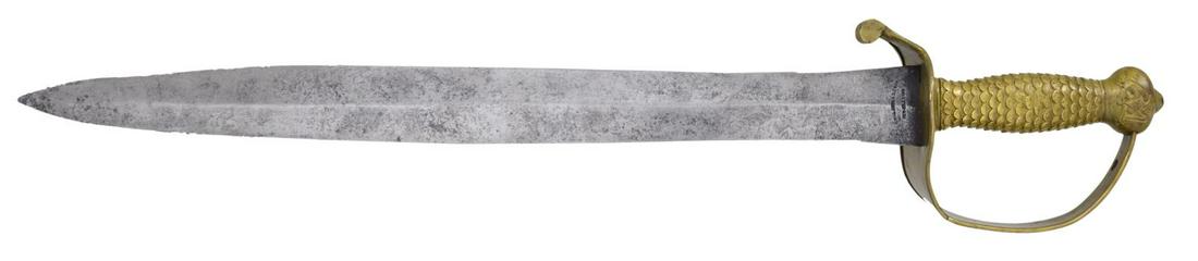 FINE AND RARE THOMAS, GRISWOLD CONFEDERATE: CUTLASS. 26" Overall, 20.5" slightly wasp waist blade w/ full address in arc "THOMAS, GRISWOLD & CO" over "NEW ORLEANS", brass cast guard w/ feathered grip being in style of US 1840 naval cutlass. CON
