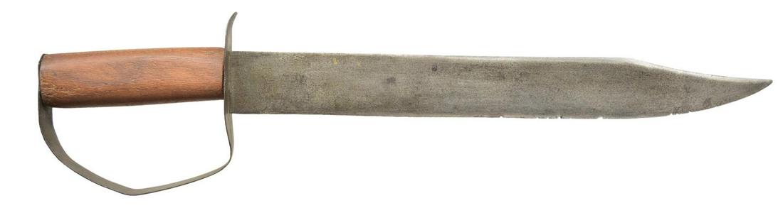 RARE CONFEDERATE STATES ARMORY, KENANSVILLE, NC: CLIP POINT BOWIE KNIFE. 14 7/8” blade, 1 5/8” wide, .25” thick, 4” beveled clip. Sheet iron D-guard x 1.75” 3.5” oval crossguard, 7/8” knuckle bow. All the cl