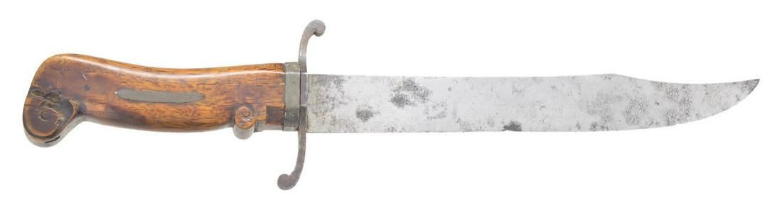 WONDERFUL EARLY AMERICAN BOWIE PROBABLY MADE BY: KENTUCKY RIFLE MAKER. 15" overall, 9 1/2" well ground clip point blade, well sculpted iron "S' shaped guard with octagonal center fitted with matching octagonal pewter ferrule and maple grip carved to