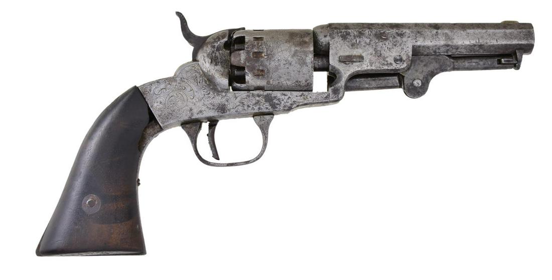 INSCRIBED MANHATTAN POCKET REVOLVER, L.P. BRIZEE,: 126TH NY, WOUNDED AT GETTYSBURG. Cal. 31. S# 1729. Rarely seen â€œLONDON PISTOL COMPANY” marked 5” bbl., 12-stop Manhattan Arms Co. revolver, engraved in script probably when sold â��