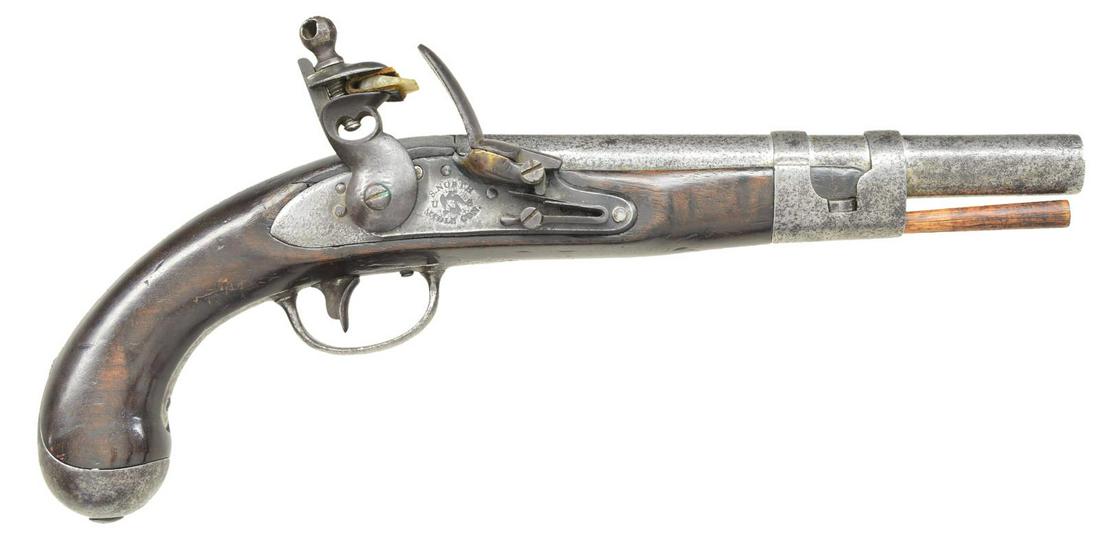 SIMEON NORTH 1813 NAVY PURCHASED FLINTLOCK PISTOL.: Cal. 69. NSN. Indistinguishable from North model 1813 army contract pistols other than 7” belt hook. Both are very scarce in original flint. New specifications for US military 1816 pistols reduc