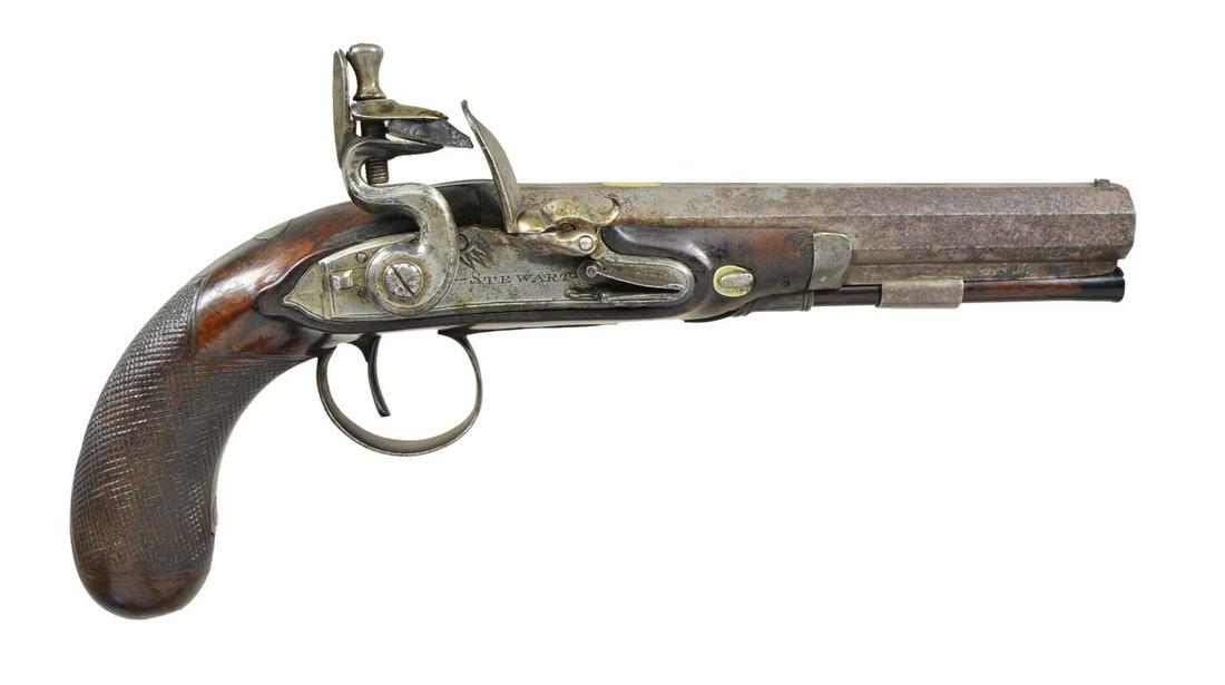 WAR OF 1812 BALTIMORE FLINTLOCK PISTOL.: Cal. 40. NSN. 10" Overall, 5.75" oct. bbl. w/ gold band & â€œBALTIMORE” inset in gold oval. Inset silver front sight, gold touch hole, fine lock engraved â€œSTEWART” for John M. St